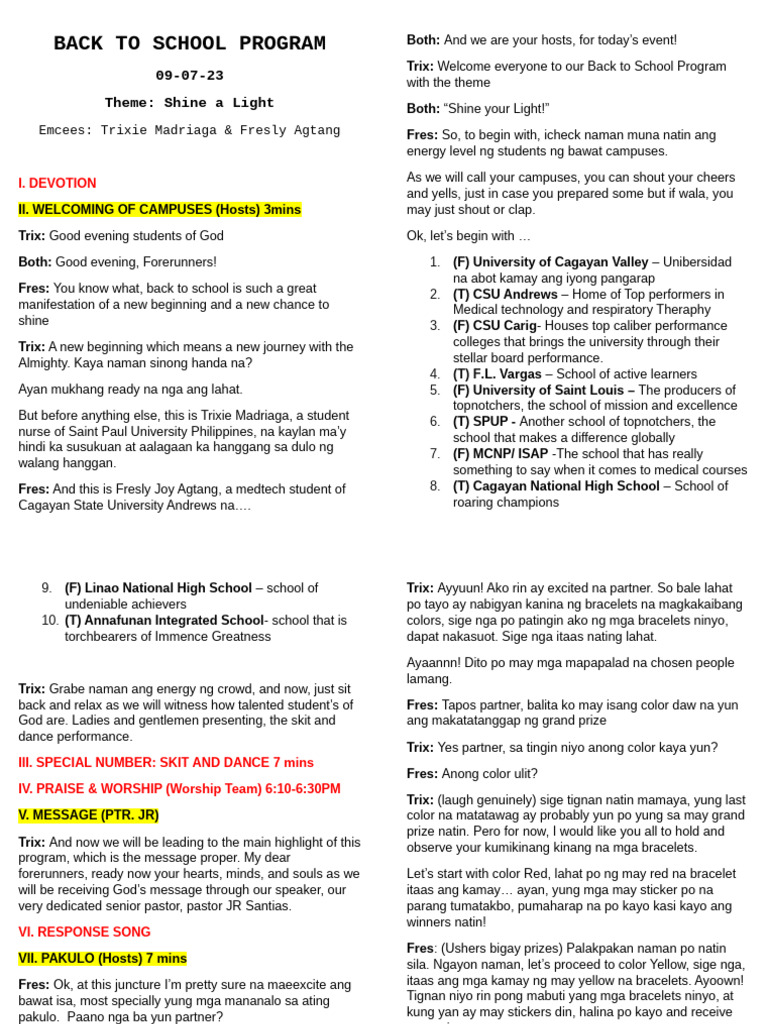 Back To School Program - Emcee Script | PDF