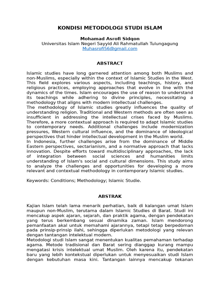 Jurn KONDISI METODOLOGI STUDI ISLAM | PDF
