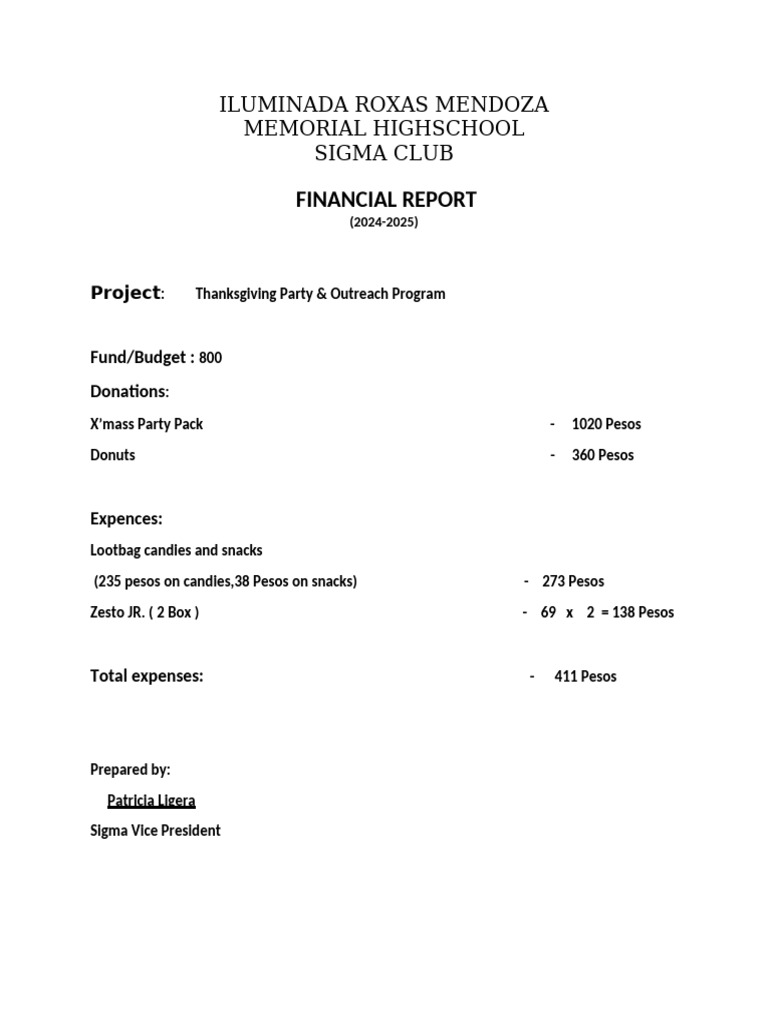 Thanksgiving Party Financial Report | PDF