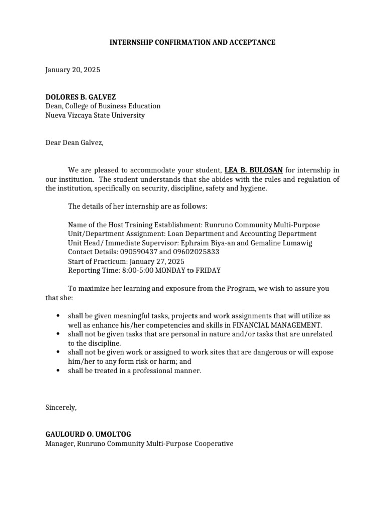 Internship Confirmation for Lea Bulosan | PDF