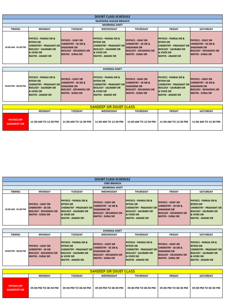 Weekly Class Schedule and Doubt Sessions | PDF