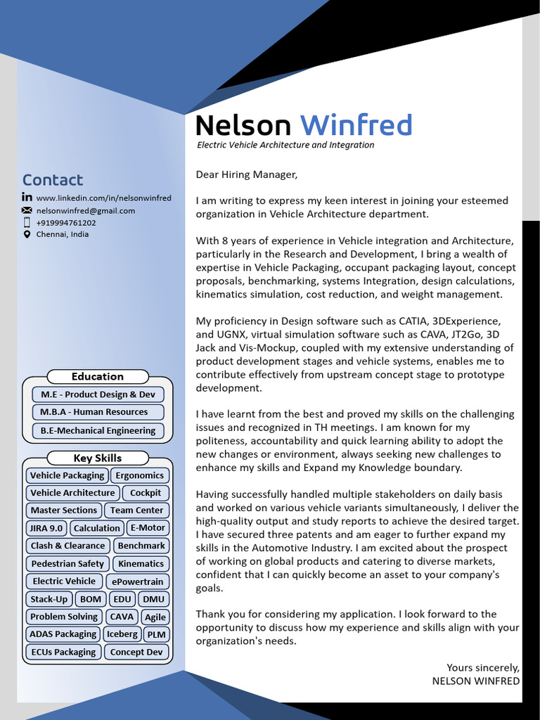 Cover Letter - Vehicle Integration - Nelson - 8.2 Years | PDF | Simulation