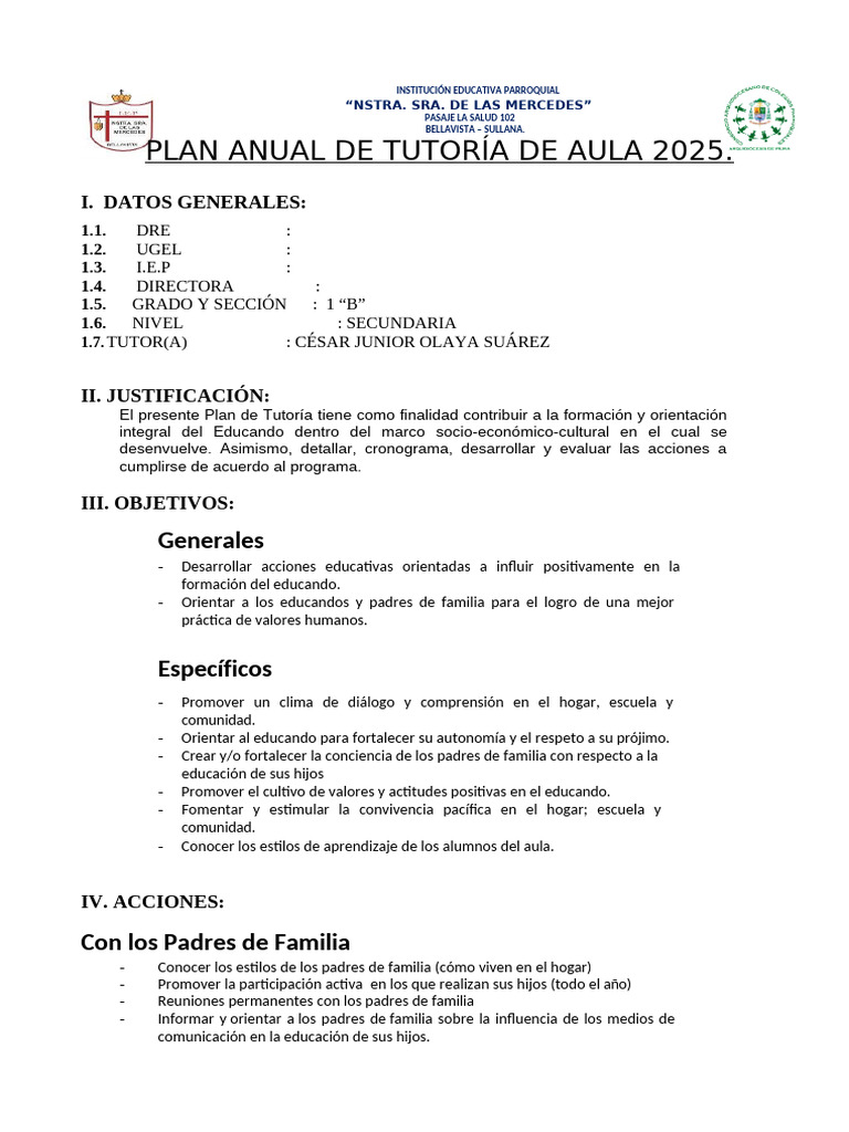 Plan Anual de Tutoría 2025 - IEP Sra. de las Mercedes | PDF