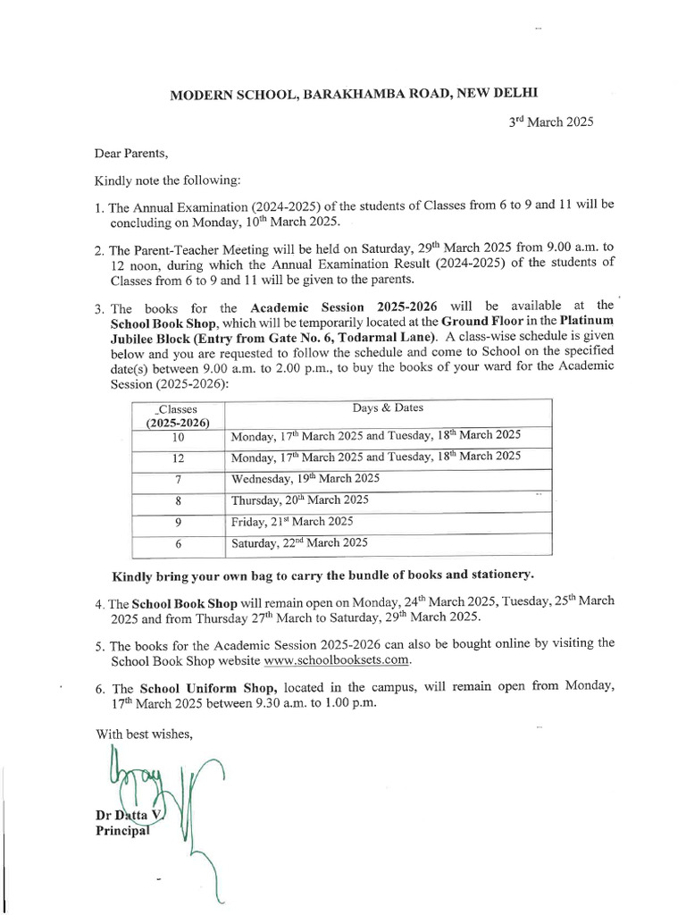 Principal's Office Notice Regarding Book Shop Schedule For Buying Books ...