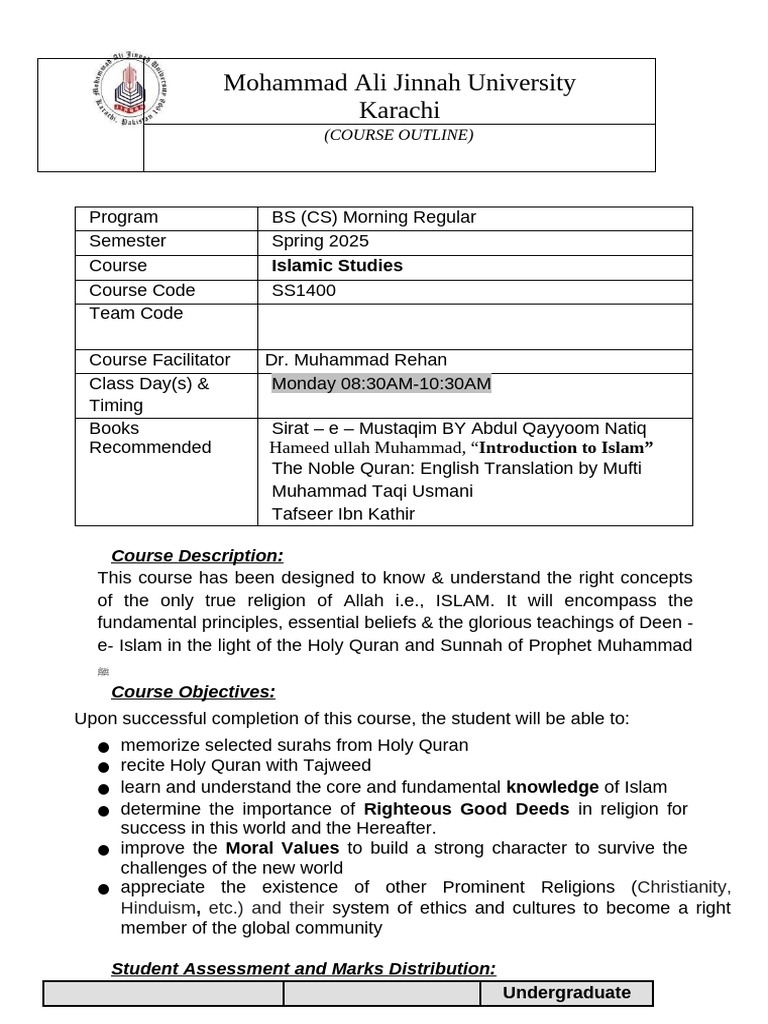 Islamic Studies Course Outline (SP25) | PDF | Muhammad | Quran