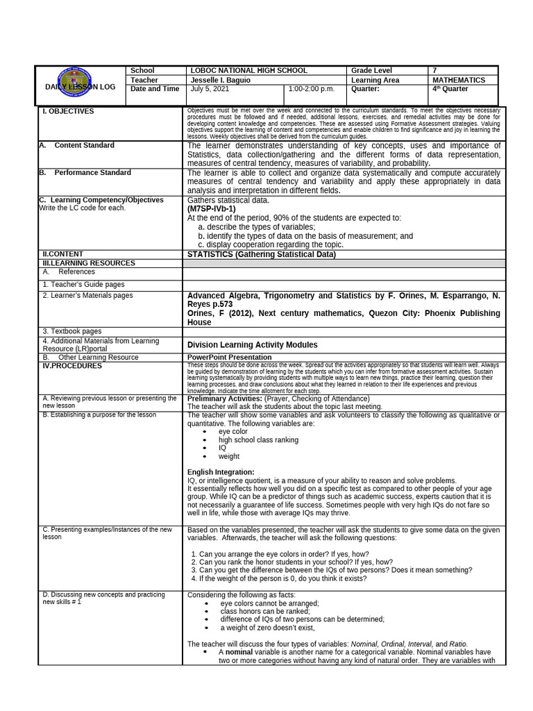 Grade 7 Math Daily Lesson Plan | PDF | Level Of Measurement ...