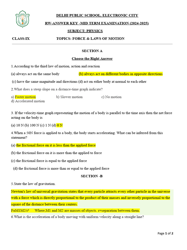 Physics Mid-Term Exam Answer Key | PDF | Force | Velocity