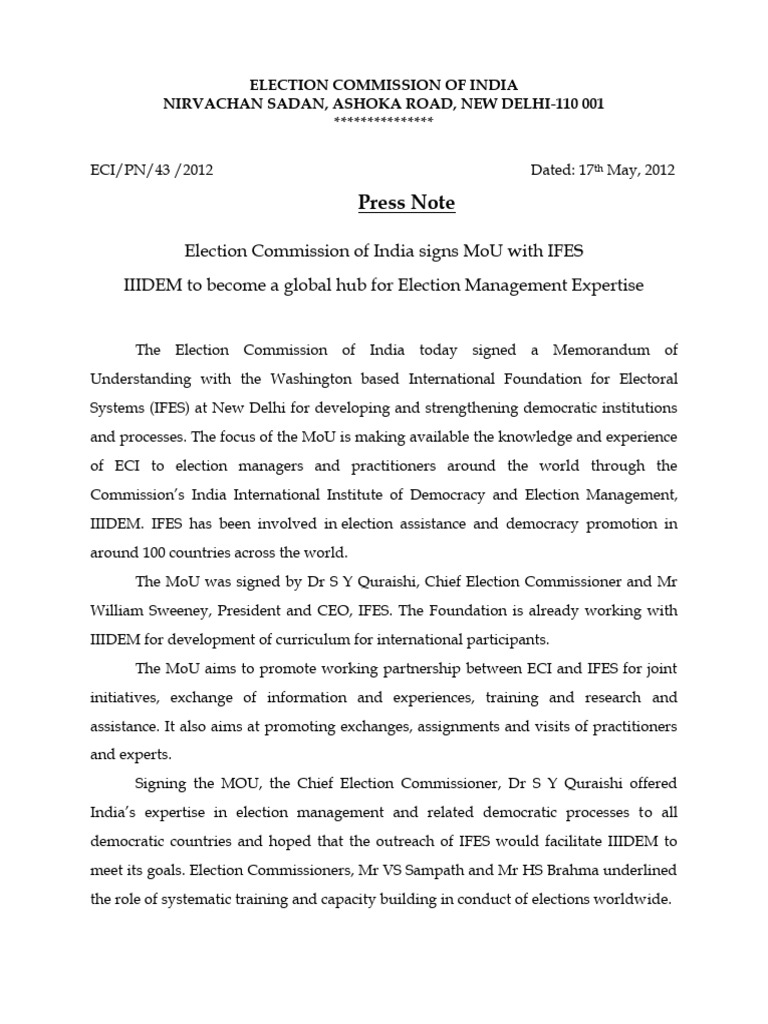 Election Commission of India signs MoU with IFES IIIDEM to become a ...