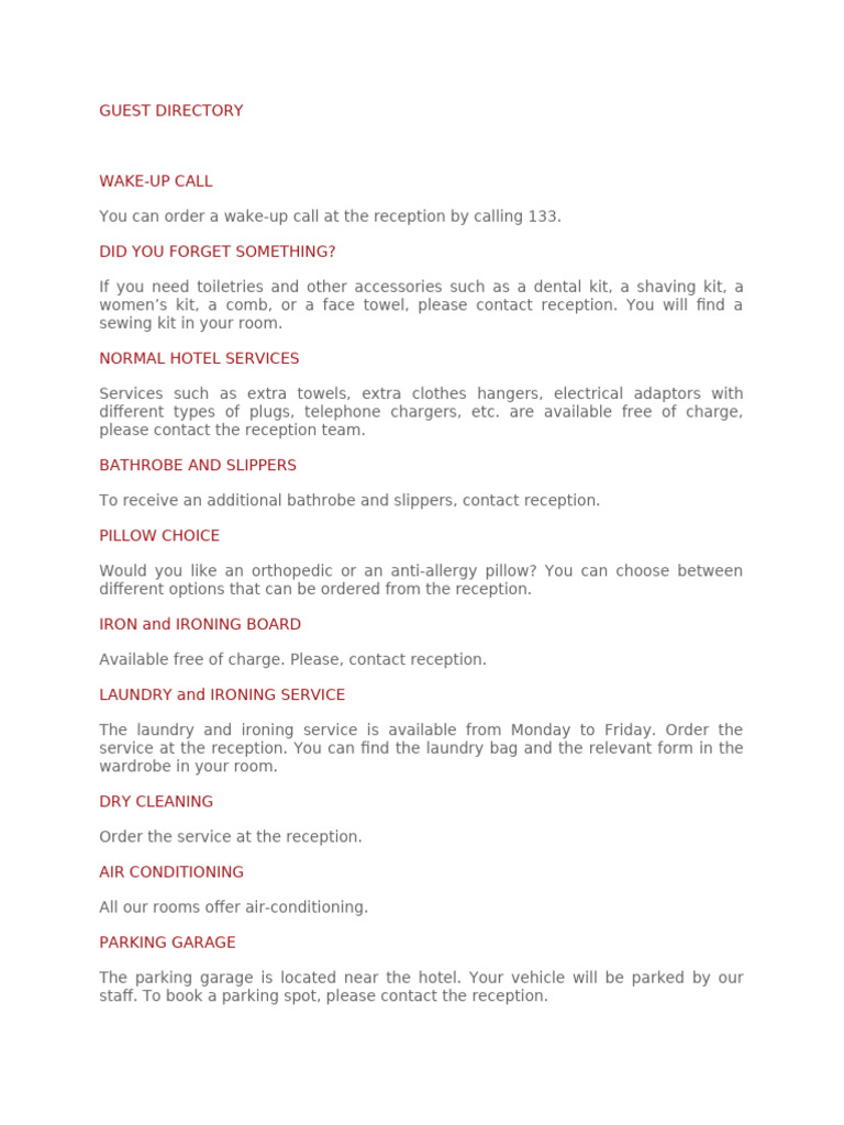 Hotel Guest Services Directory | PDF