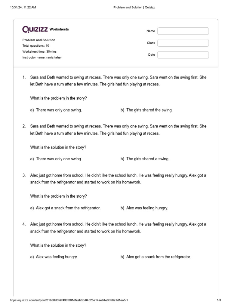Problem and Solution Worksheets | PDF