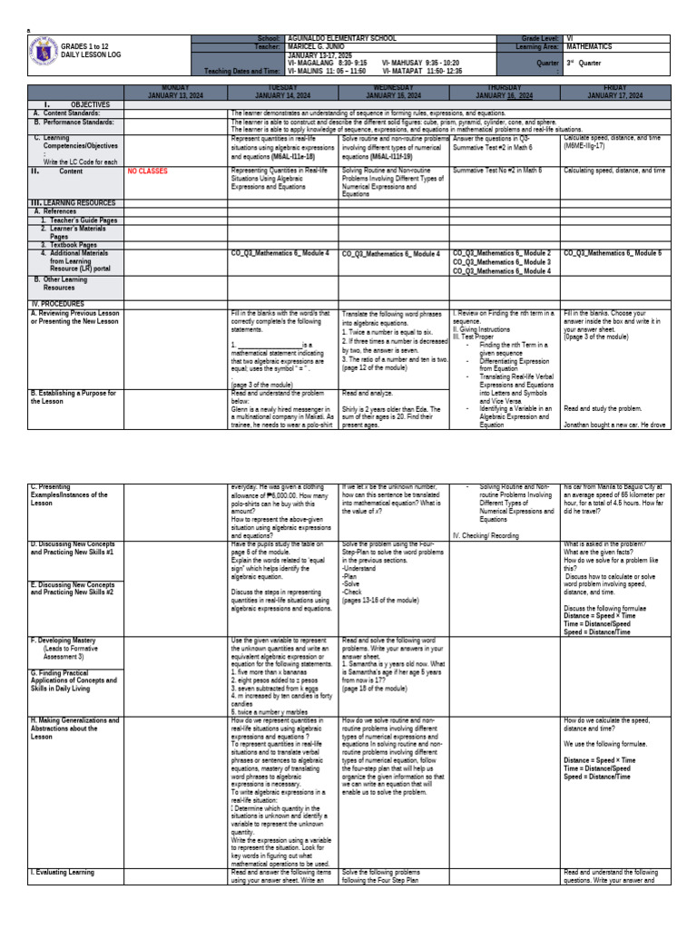 Grade VI Math Daily Lesson Plan | PDF | Equations | Mathematics