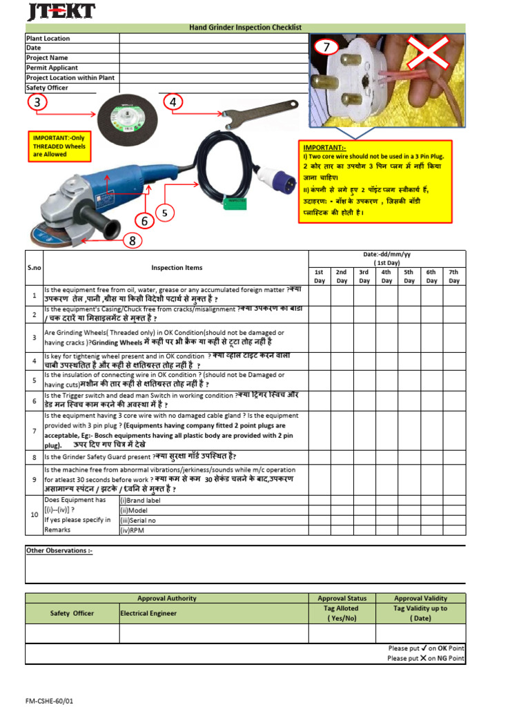 Grinder Safety Inspection Checklist | PDF | Manufactured Goods