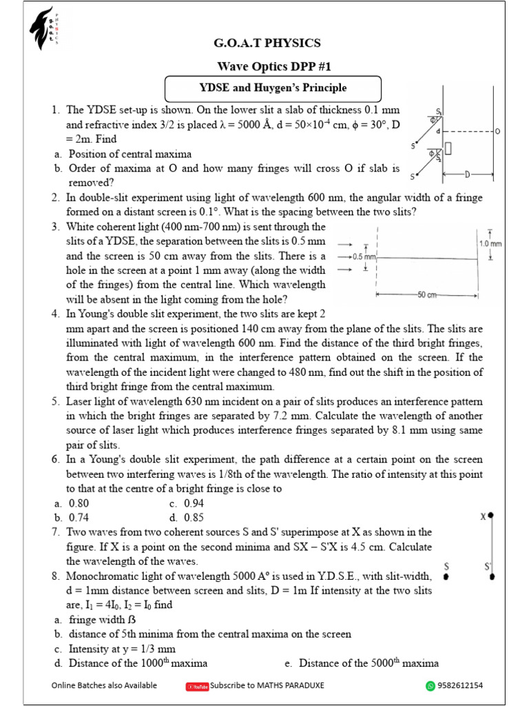 YDSE Analysis and Calculations | PDF | Wavelength | Diffraction