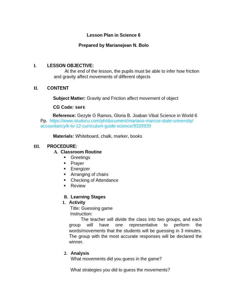 Science Lesson Plan: Friction & Gravity | PDF | Weight | Gravity