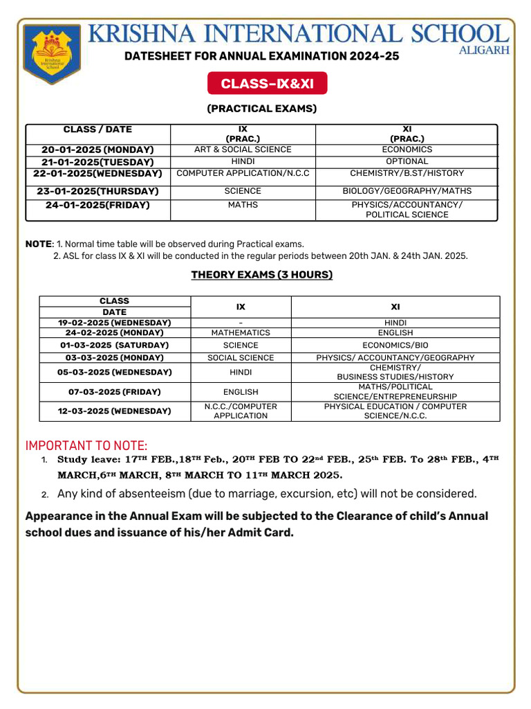 Date Sheet For Annual Exam Ix and Xi Final | PDF | Science