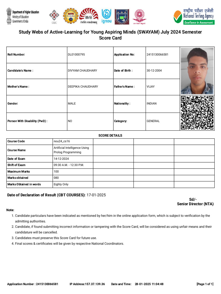SWAYAM July 2024 AI Exam Score Card | PDF