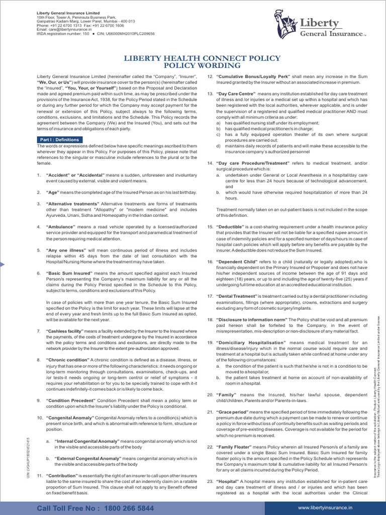 Liberty Health Connect Policy Wording | PDF | Hospital | Insurance
