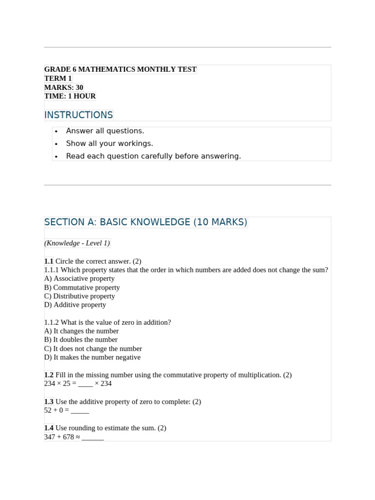 Grade 6 Math Monthly Test Term 1 | PDF