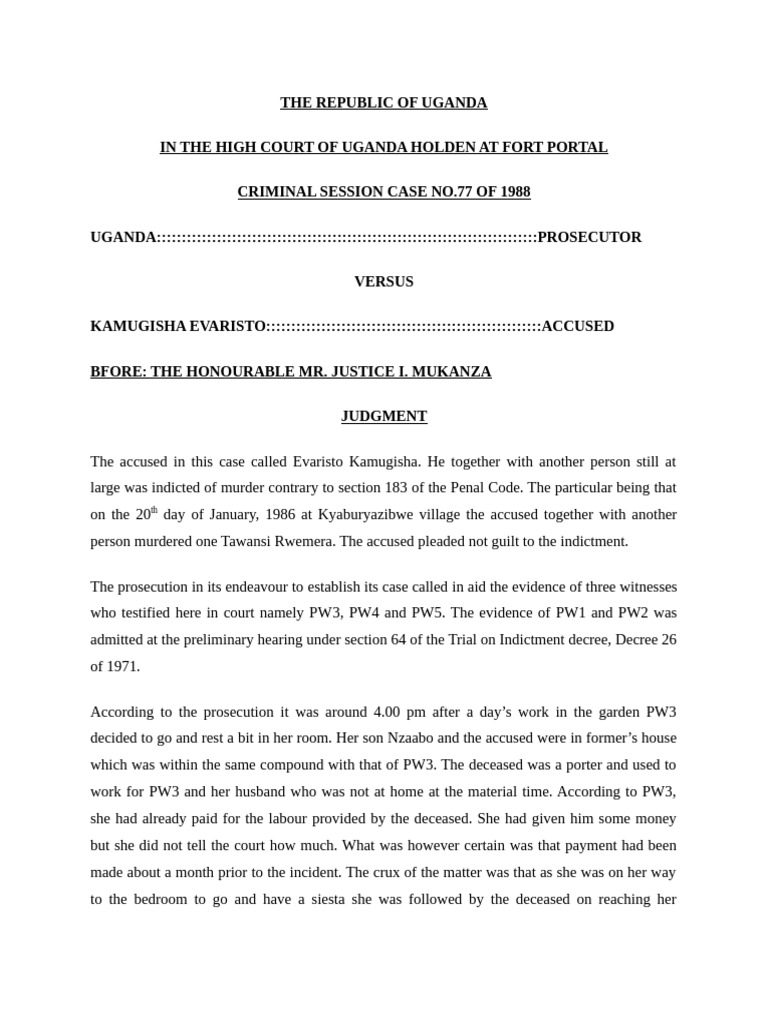 Uganda v Kamugisha: Murder Case 1988 | PDF | Burden Of Proof (Law ...