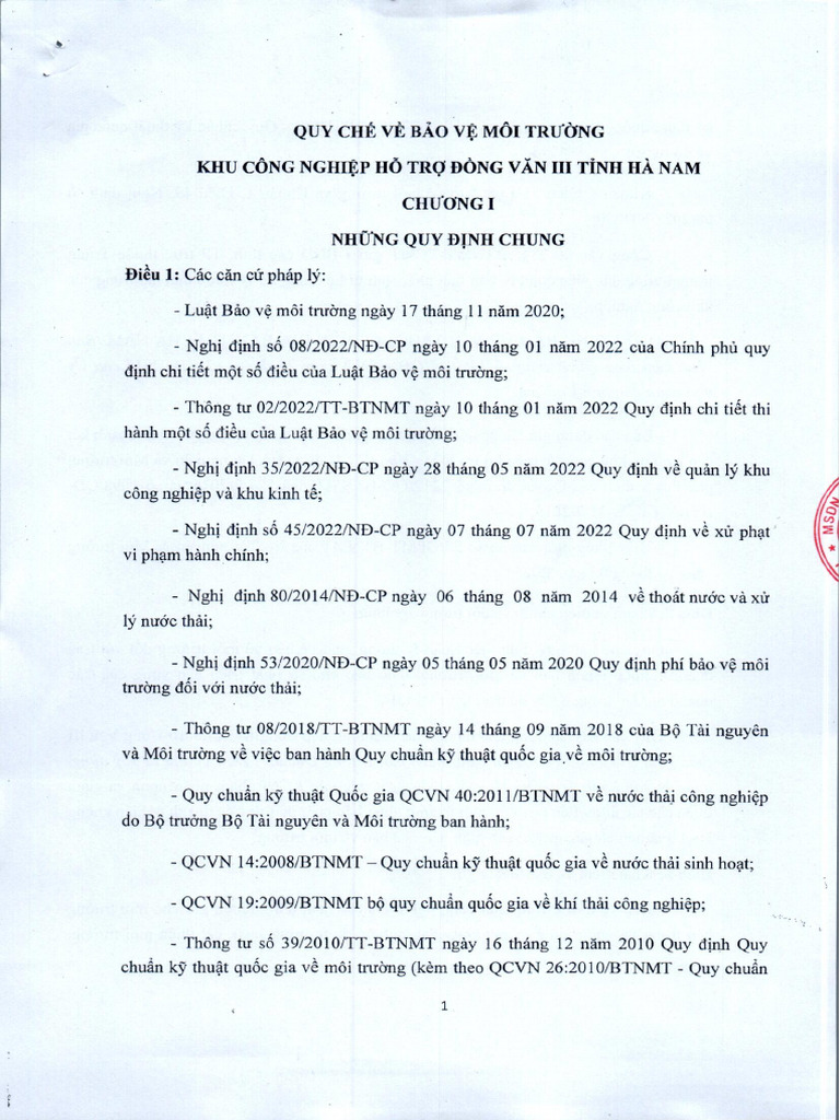 Quy chế BVMT KCN hỗ trợ Đồng Văn III | PDF