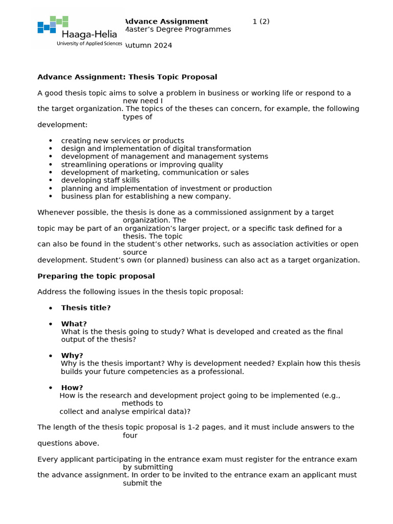 Advance Assignment HH Masters Degree Programmes Autumn 2024+ | PDF | Thesis