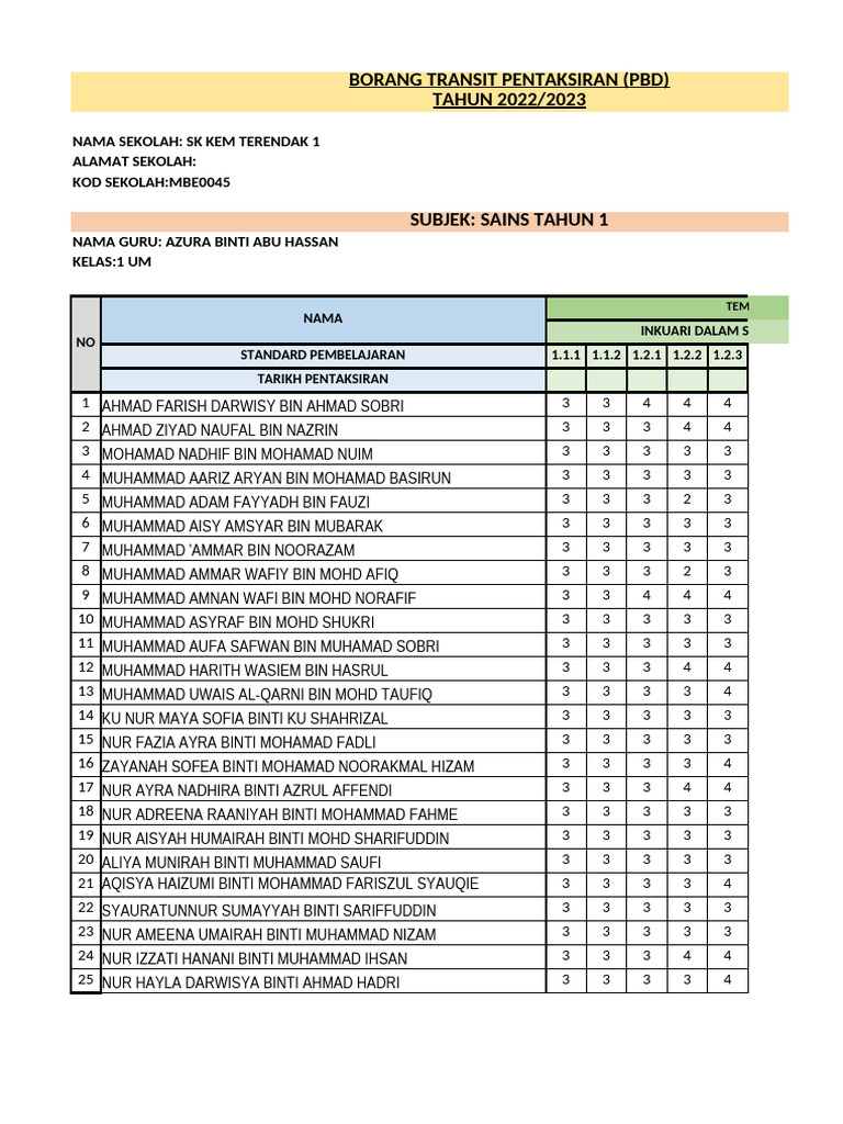 Rekod Transit Sains THN 1 (Tema 1) 1um | PDF