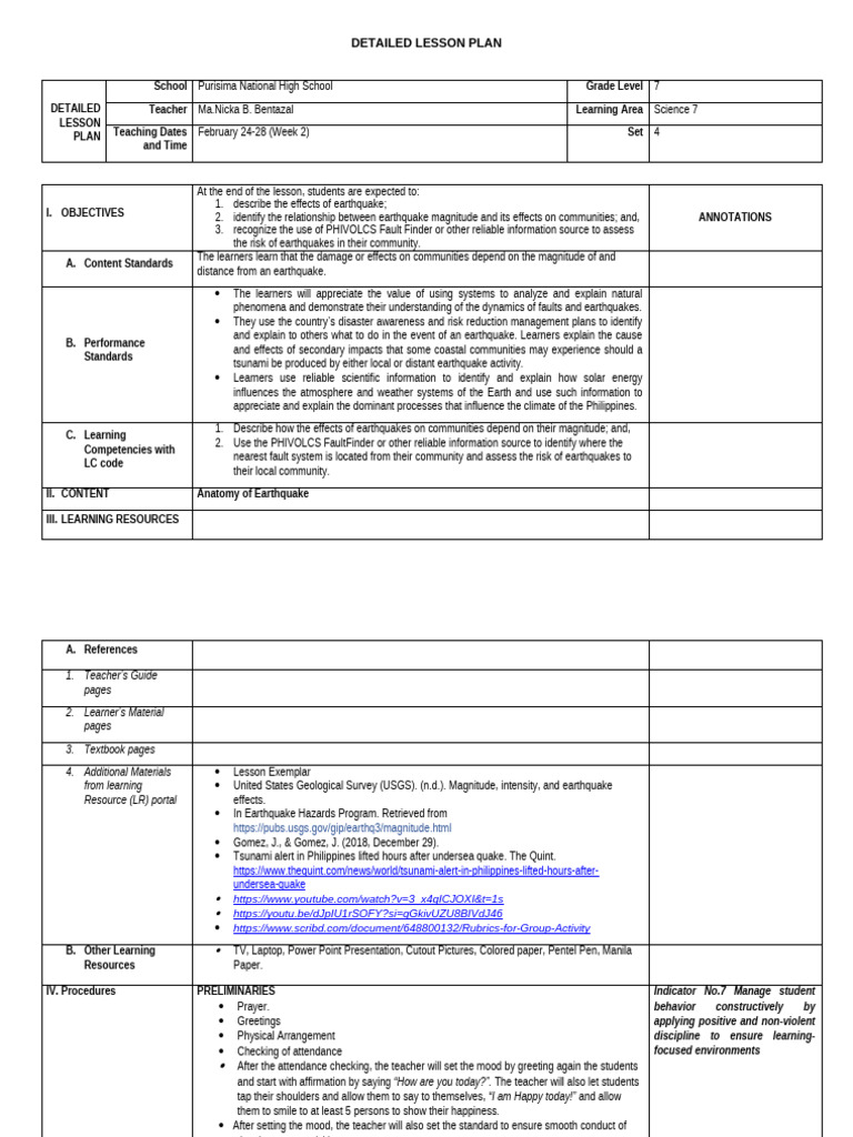 Earthquake Effects Lesson Plan for Grade 7 | PDF | Earthquakes | Moment ...