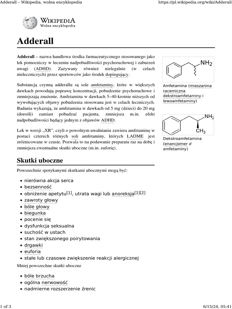 Adderall - Wikipedia, Wolna Encyklopedia | PDF