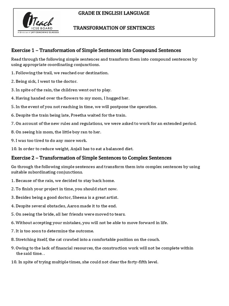 Class 9 Sentence Transformation Exercises | PDF
