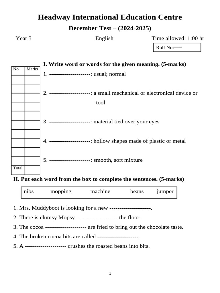 Year-3 December Test (2024-2025) | PDF | Chocolate | Word