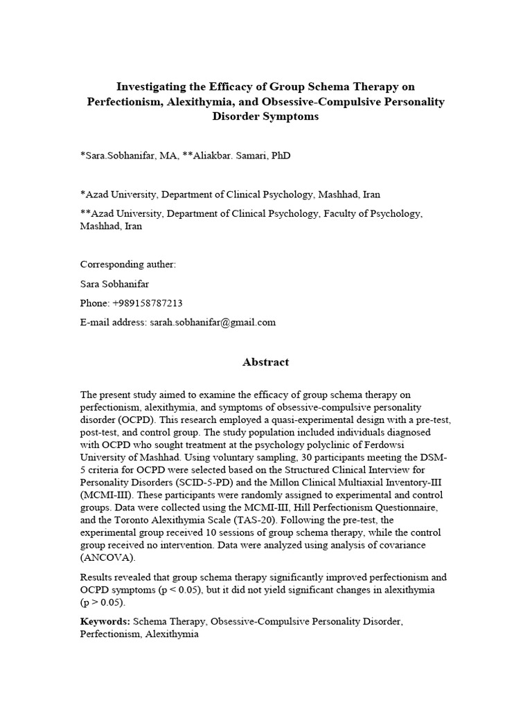 Efficacy of Group Schema Therapy on OCPD | PDF | Psychotherapy | Mental ...