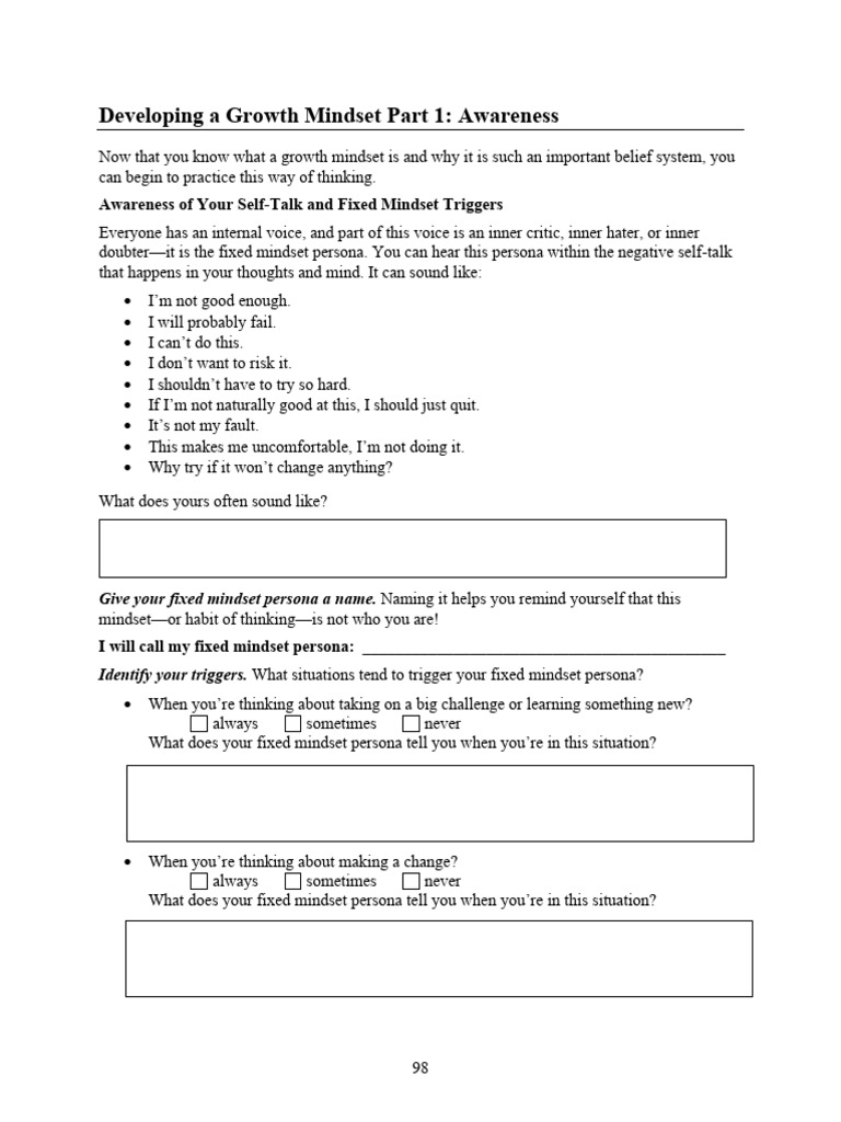 Developing+a+Growth+Mindset+Part+1-+Awareness | PDF | Mindset | Thought