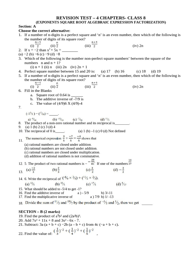 5 Chapters TEST PAPER MATHS | PDF | Numbers | Square Root