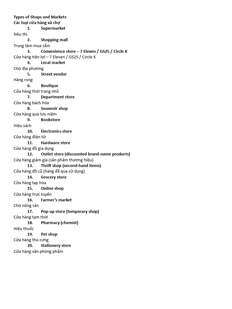 Types of Shops and Markets | PDF