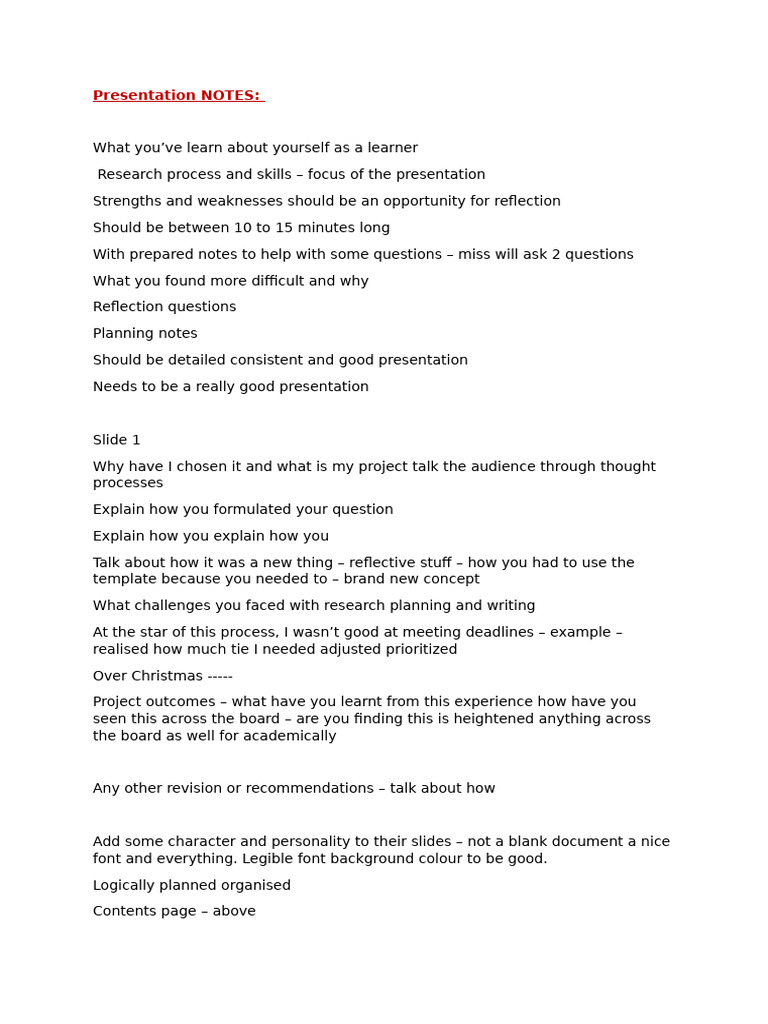 Presentation Planning and Reflection Notes | PDF