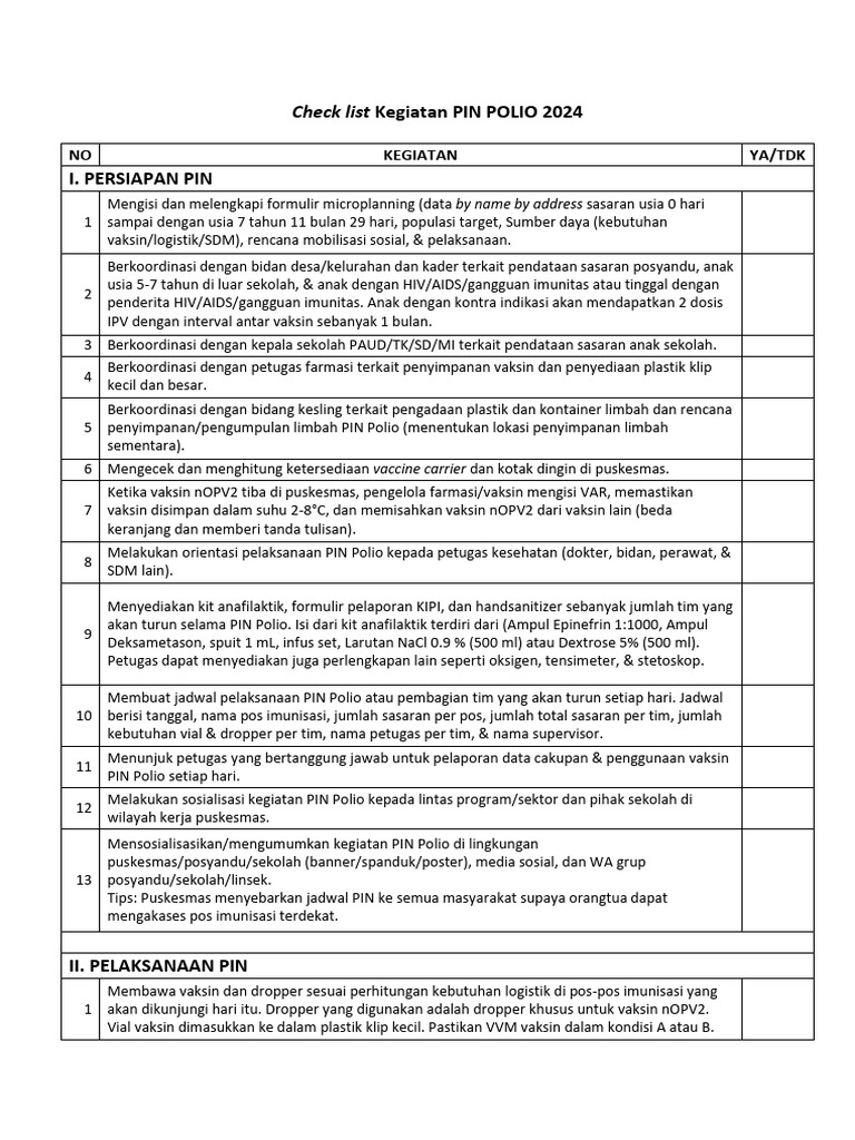 Checklist Kegiatan PIN Polio 2024 | PDF