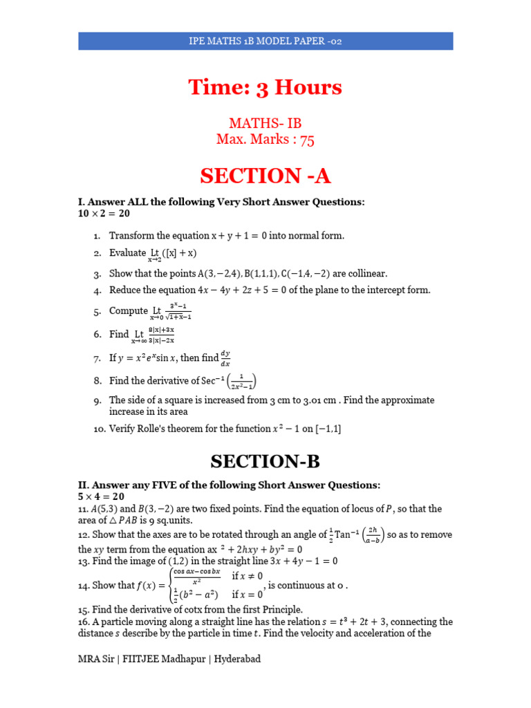 IPE Maths 1B Model Paper - 02 | PDF | Tangent | Acceleration