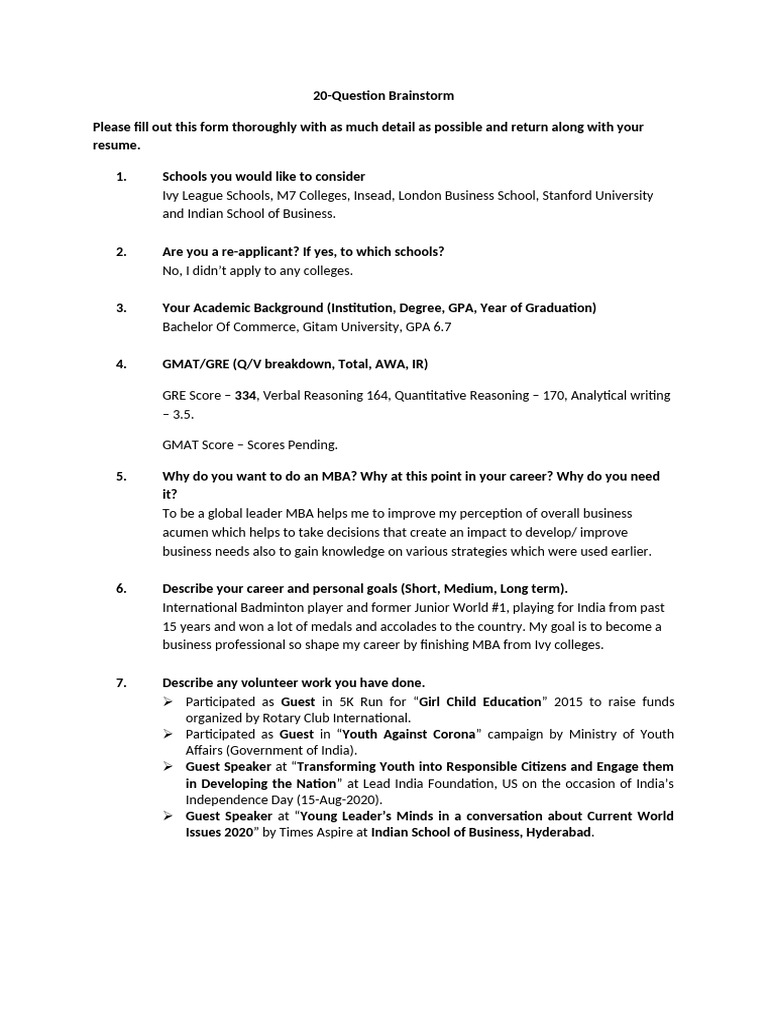 20-Question MBA Application Guide | PDF | Graduate Management Admission ...