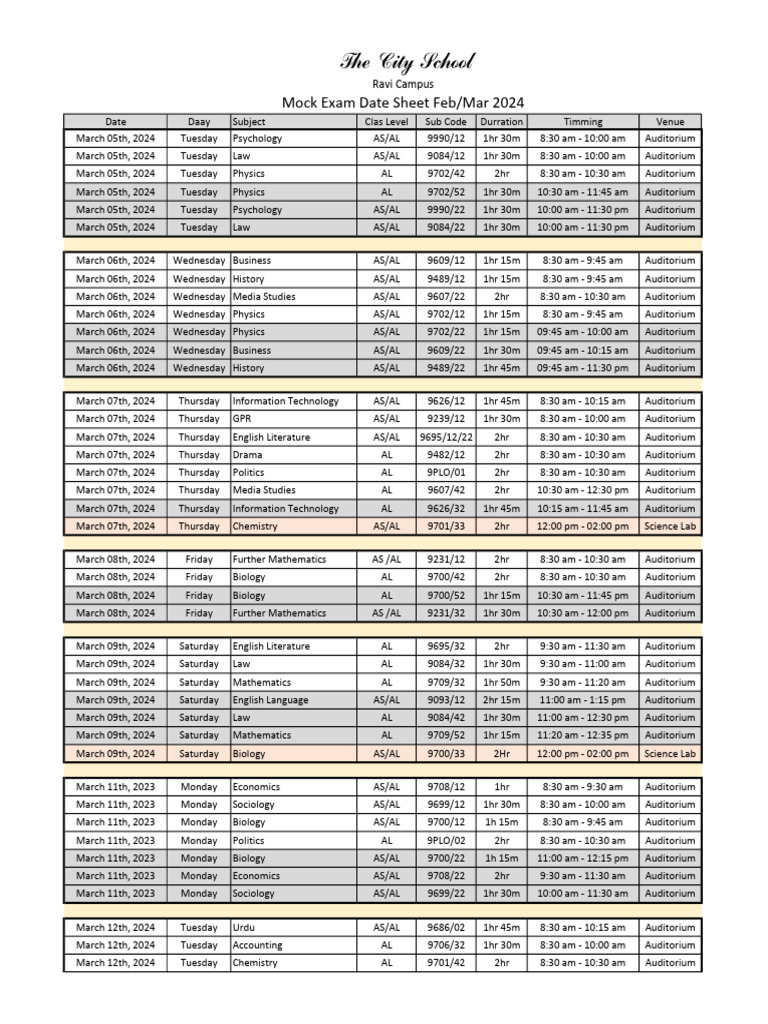 Mock Exam Schedule March 2024 | PDF