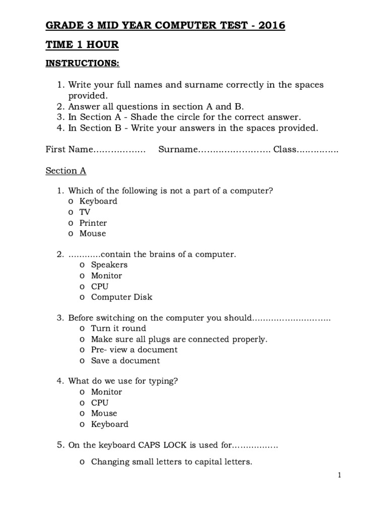 Grade 3 Mid Year Computer Test - 2016-1-1 | PDF | Computer Keyboard ...