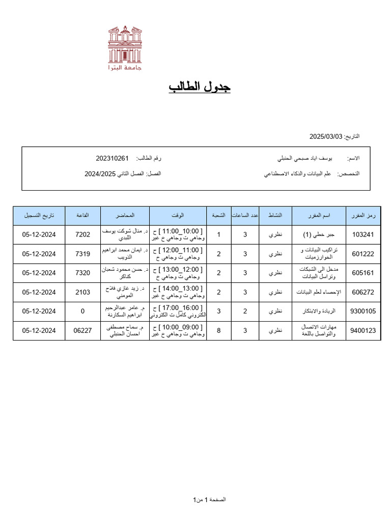 جدول الطالب للفصل الثاني 2024/2025 | PDF