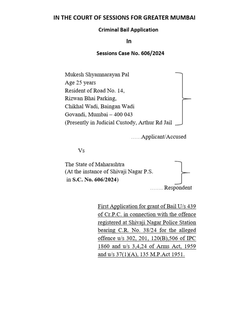 Bail Application for Mukesh Pal | PDF | Bail | Crime & Violence