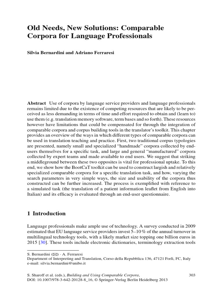 Old Needs, New Solutions Comparable Corpora For Language Professionals ...