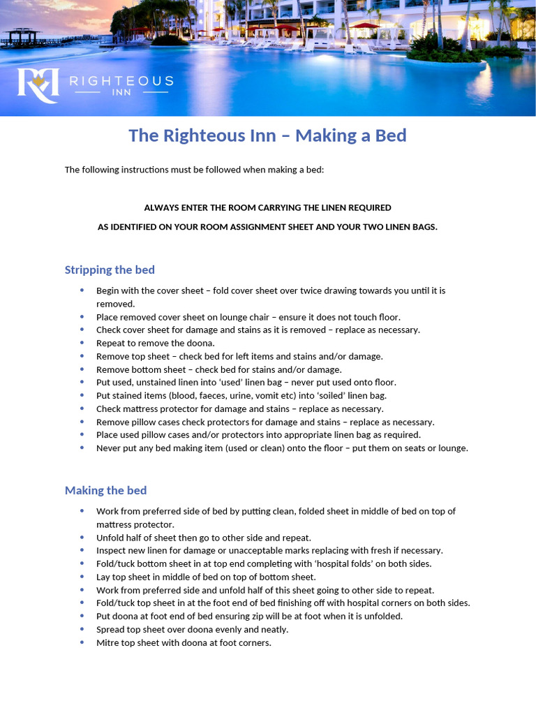 Bed Making Instructions at Righteous Inn | PDF | Bed | Pillow