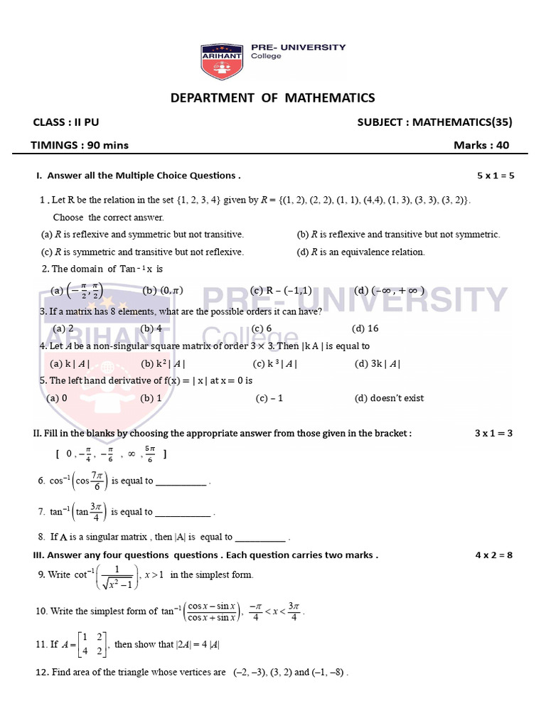 Mathematics Exam Paper for II PU Students | PDF | Matrix (Mathematics ...