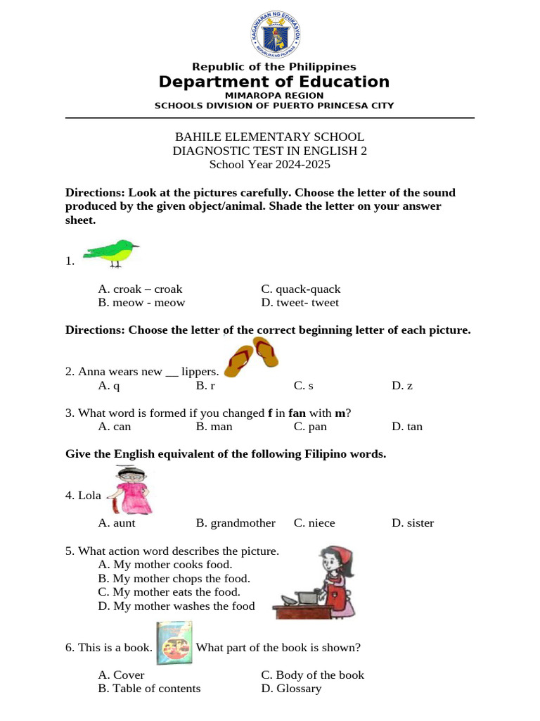 English 2 Diagnostic Test for Students | PDF | Linguistics