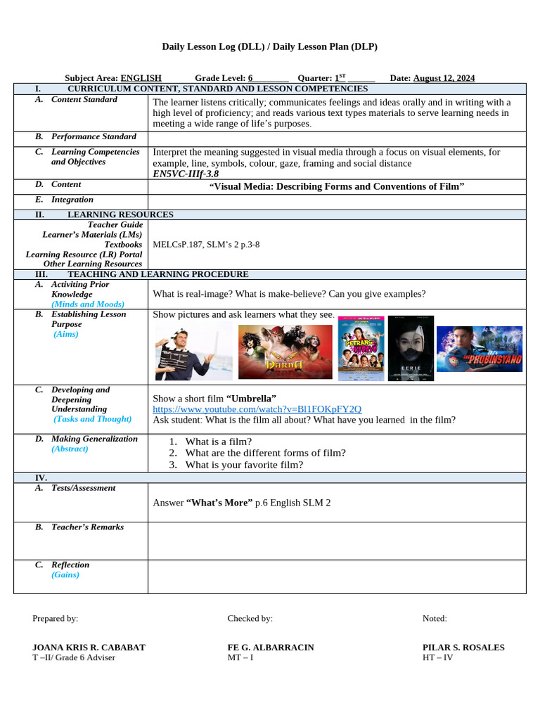 Grade 6 English Daily Lesson Plan | PDF