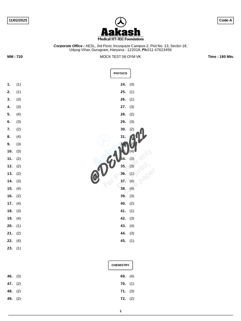 Mock Test 08 for Physics, Chemistry, Botany, Zoology | PDF | Physical ...