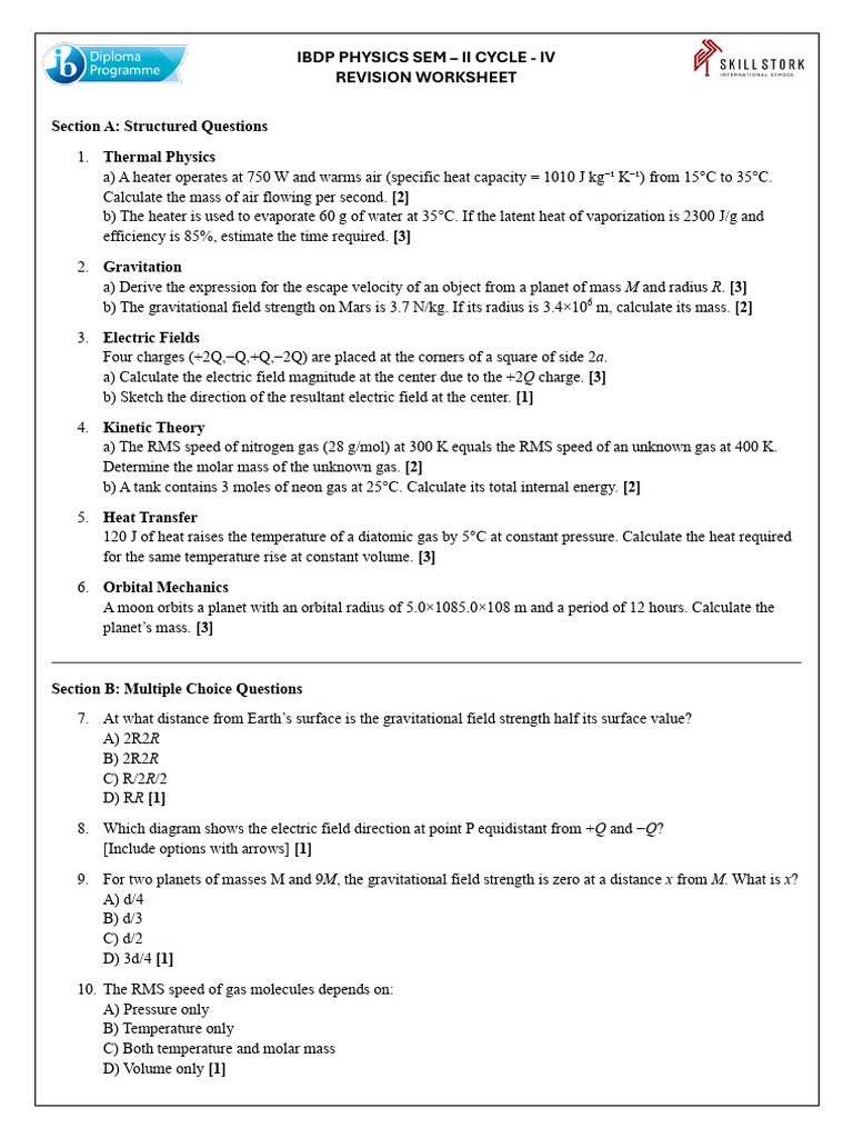 IBDP Physics Revision Worksheet SEM II | PDF | Gases | Heat