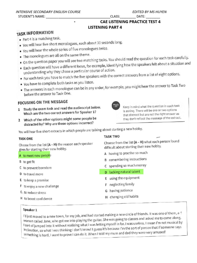 C1 LEVEL - LESSON 4 - CAE LISTENING PRACTICE TEST 4-Key For Students | PDF